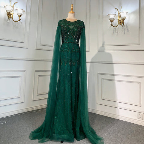 Robe de soirée de luxe dorée à manches cape style arabe, style sirène, avec perles, pour femme, LA71620, 2025 