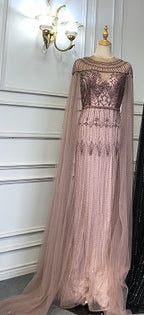 Gold Luxury Arabic Cape Sleeves Evening Dresses Gowns 2025 Beaded Mermaid For Women Party LA71620