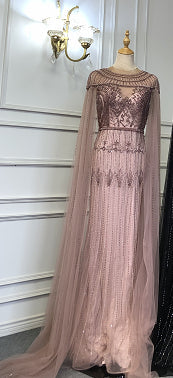 Robe de soirée de luxe dorée à manches cape style arabe, style sirène, avec perles, pour femme, LA71620, 2025 