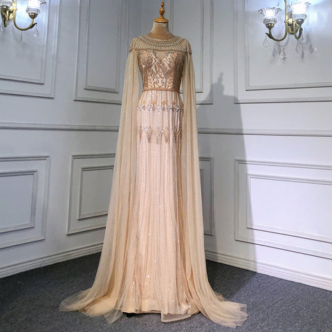 Robe de soirée de luxe dorée à manches cape style arabe, style sirène, avec perles, pour femme, LA71620, 2025 
