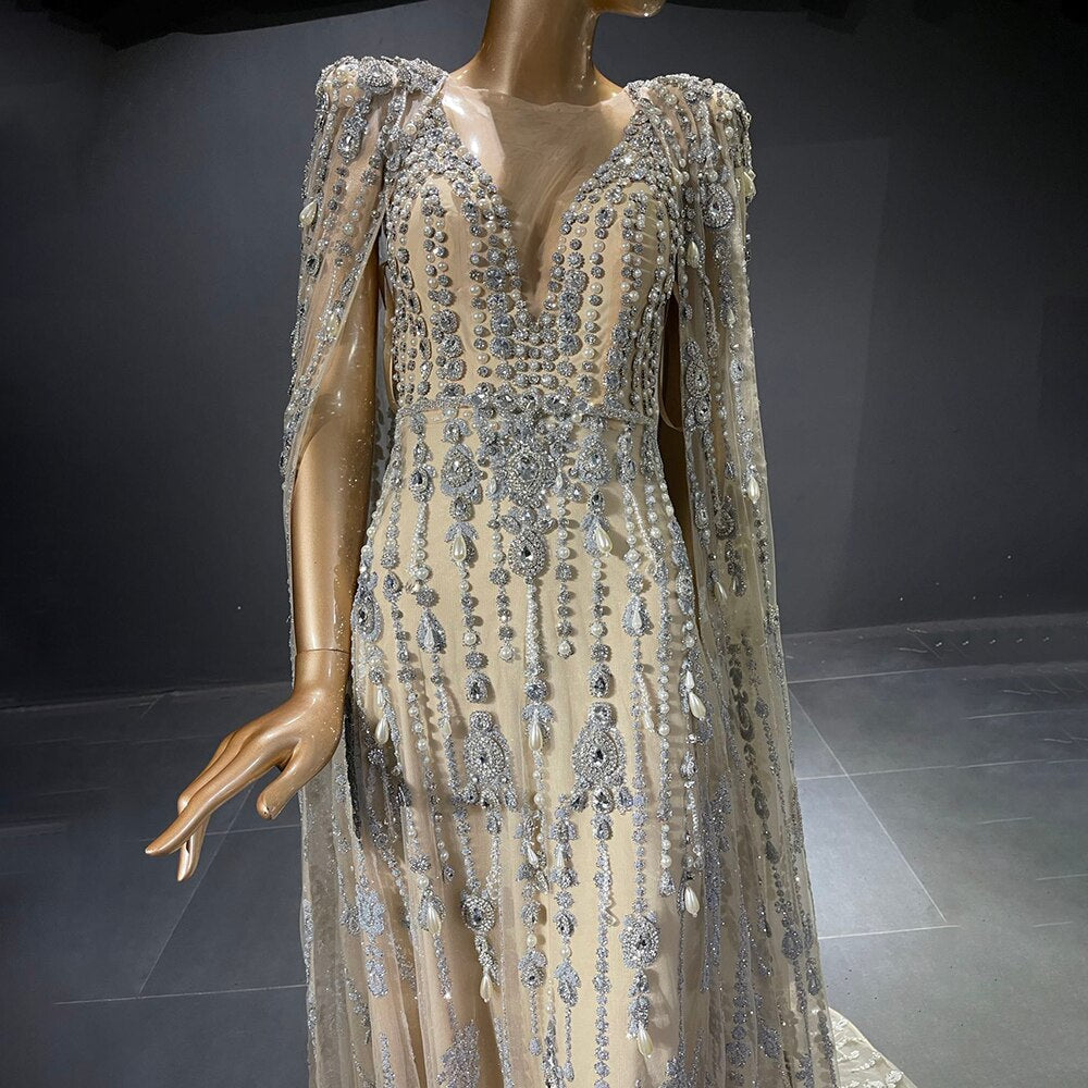 Gold Luxury Cape Sleeve Evening Dresses Gowns 2025 Beaded A-Line High-end For Women Party LA71463A