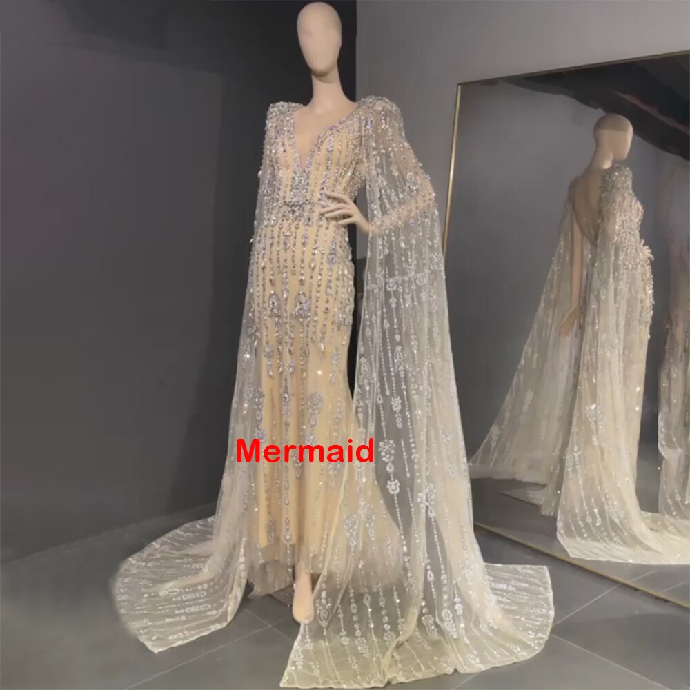 Gold Luxury Cape Sleeve Evening Dresses Gowns 2025 Beaded A-Line High-end For Women Party LA71463A