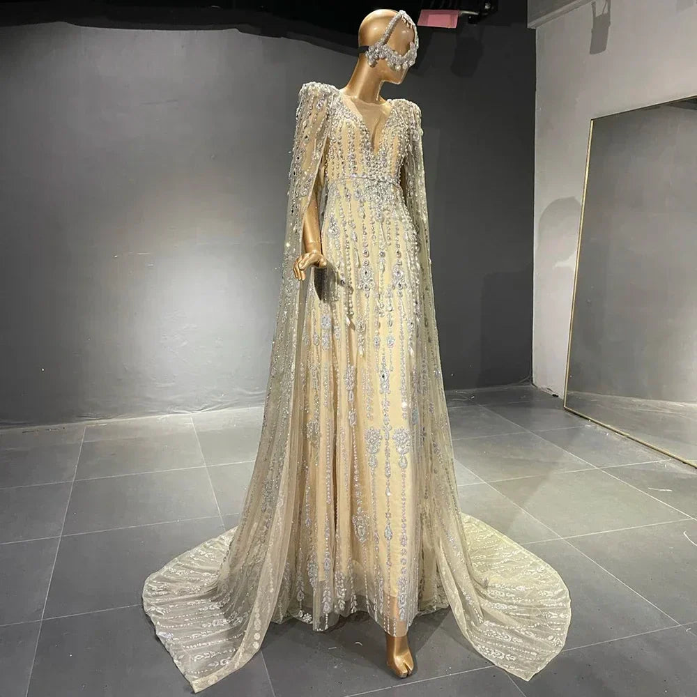 Gold Luxury Cape Sleeve Evening Dresses Gowns 2025 Beaded A-Line High-end For Women Party Couture LA71463A