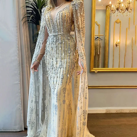 Robe de soirée luxueuse à manches cape dorée, coupe trapèze, perles, haut de gamme, pour femme, LA71463, 2025 