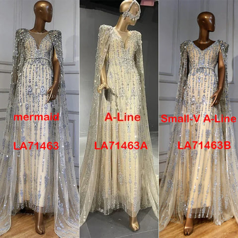 Robe de soirée luxueuse à manches cape dorée, coupe trapèze, perles, haut de gamme, pour femme, LA71463, 2025 