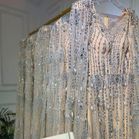 Robe de soirée luxueuse à manches cape dorée, coupe trapèze, perles, haut de gamme, pour femme, LA71463, 2025 