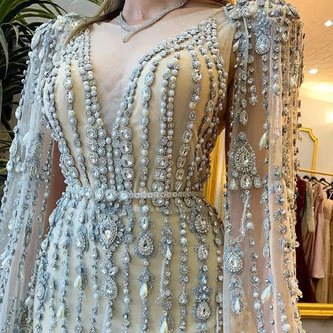 Robe de soirée luxueuse à manches cape dorée, coupe trapèze, perles, haut de gamme, pour femme, LA71463, 2025 