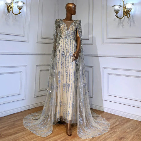 Robe de soirée luxueuse à manches cape dorée, coupe trapèze, perles, haut de gamme, pour femme, LA71463, 2025 