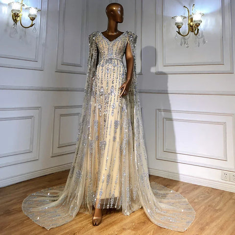 Robe de soirée luxueuse à manches cape dorée, coupe trapèze, perles, haut de gamme, pour femme, LA71463, 2025 