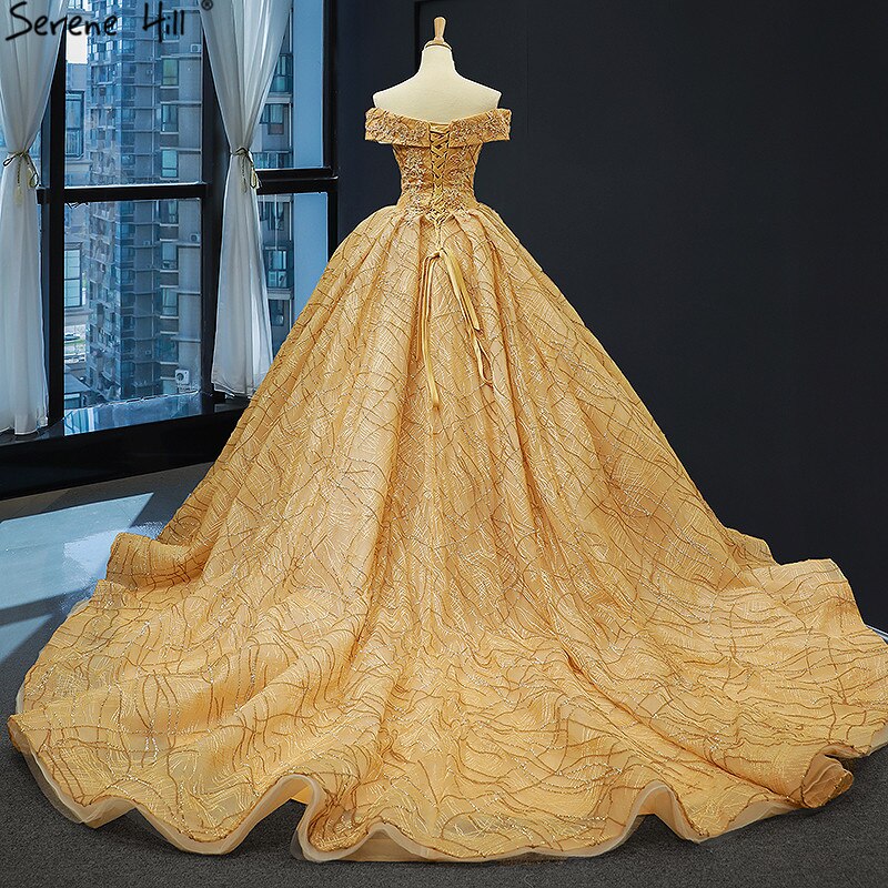 Gold Luxury Off Shoulder Sexy Wedding Dresses 2025 Latest Design Handmade Flowers Beading Bridal Gowns HM66844 Custom Made
