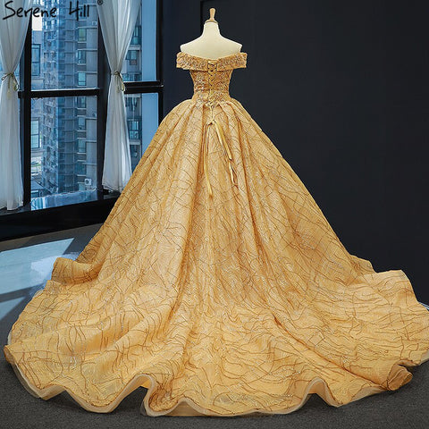 Robe de mariée luxueuse et sexy, épaules dénudées, dorée, dernière création, fleurs faites à la main, perles, HM66844, sur mesure, 2025 