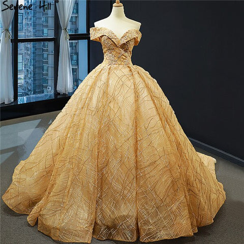 Robe de mariée luxueuse et sexy, épaules dénudées, dorée, dernière création, fleurs faites à la main, perles, HM66844, sur mesure, 2025 