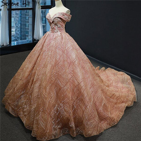 Robe de mariée luxueuse et sexy, épaules dénudées, dorée, dernière création, fleurs faites à la main, perles, HM66844, sur mesure, 2025 