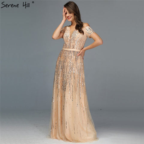 Sale Gold Luxury Sexy V-Neck Evening Dressese 2025 Short Sleeve Beading Sequined A-Line Evening Gowns LA70151
