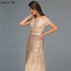 Sale Gold Luxury Sexy V-Neck Evening Dressese 2025 Short Sleeve Beading Sequined A-Line Evening Gowns LA70151