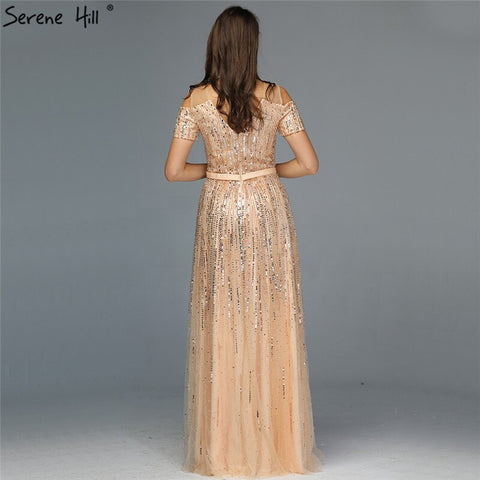 Sale Gold Luxury Sexy V-Neck Evening Dressese 2025 Short Sleeve Beading Sequined A-Line Evening Gowns LA70151