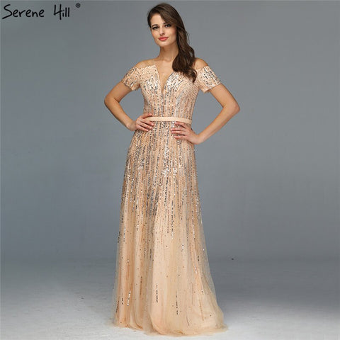 Sale Gold Luxury Sexy V-Neck Evening Dressese 2025 Short Sleeve Beading Sequined A-Line Evening Gowns LA70151