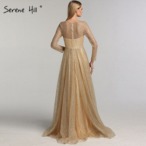 On Sale No Return No Refund Sale Gold Muslim Long Sleeves A-Line Evening Dresses 2025 O-Neck Luxury Glitte Formal Dress Real Photo LA60942
