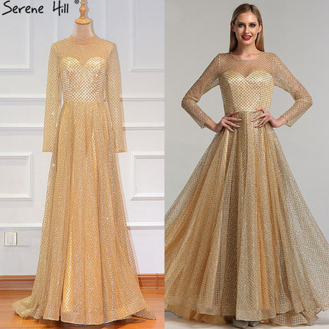 On Sale No Return No Refund Sale Gold Muslim Long Sleeves A-Line Evening Dresses 2025 O-Neck Luxury Glitte Formal Dress Real Photo LA60942