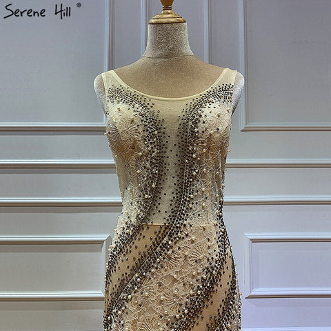 On Sale No Return No Refund Sale Gold O-Neck Luxury Dubai Design Evening Dresses 2025 Lace Pearls Crystal Mermaid Formal Dress LA60897