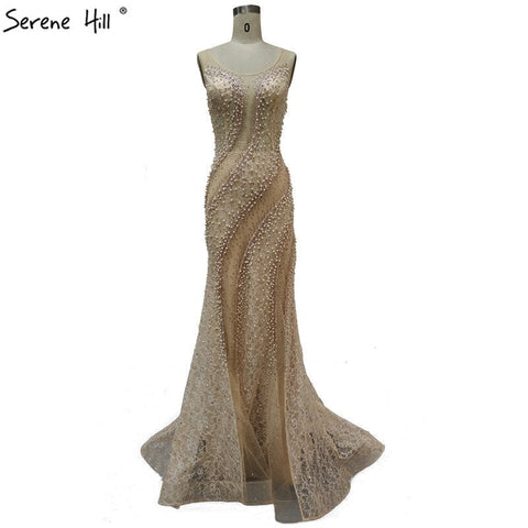 On Sale No Return No Refund Sale Gold O-Neck Luxury Dubai Design Evening Dresses 2025 Lace Pearls Crystal Mermaid Formal Dress LA60897