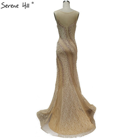On Sale No Return No Refund Sale Gold O-Neck Luxury Dubai Design Evening Dresses 2025 Lace Pearls Crystal Mermaid Formal Dress LA60897