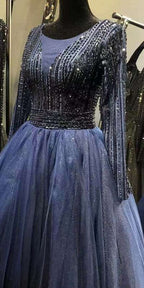 Gold O-Neck Sequins Beading A-Line Evening Dresses Design 2025 Long Sleeves Lace Up Formal Dress LA70237