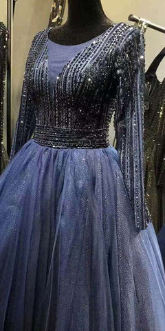 Robe de soirée trapèze dorée à col rond et paillettes, manches longues et lacets, modèle 2025, LA70237 