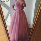 Gold O-Neck Sequins Beading A-Line Evening Dresses Design 2025 Long Sleeves Lace Up Formal Dress LA70237