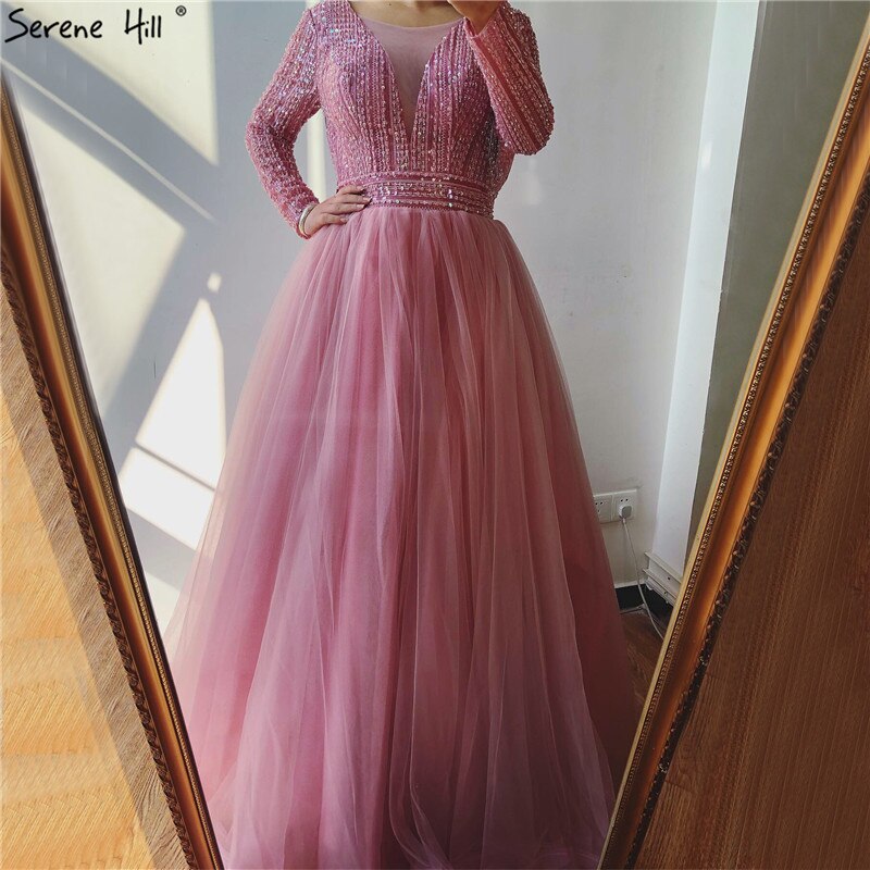 Gold O-Neck Sequins Beading A-Line Evening Dresses Design 2025 Long Sleeves Lace Up Formal Dress LA70237