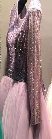 Robe de soirée trapèze dorée à col rond et paillettes, manches longues et lacets, modèle 2025, LA70237 