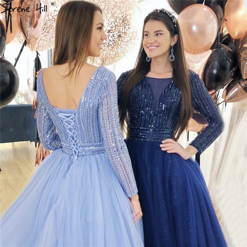 Gold O-Neck Sequins Beading A-Line Evening Dresses Design 2025 Long Sleeves Lace Up Formal Dress LA70237