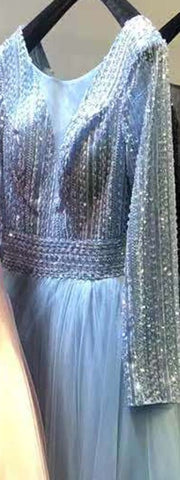 Robe de soirée trapèze dorée à col rond et paillettes, manches longues et lacets, modèle 2025, LA70237 