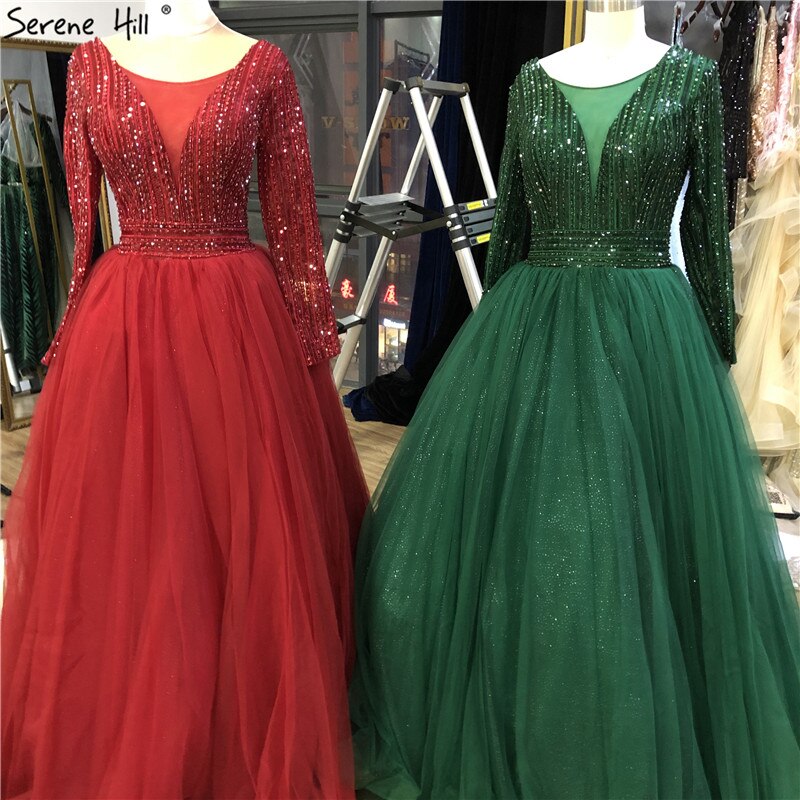 Gold O-Neck Sequins Beading A-Line Evening Dresses Design 2025 Long Sleeves Lace Up Formal Dress LA70237