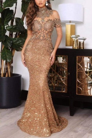 Vestido de fiesta largo hasta el suelo, dorado, con hombros descubiertos y lentejuelas, estilo sirena.