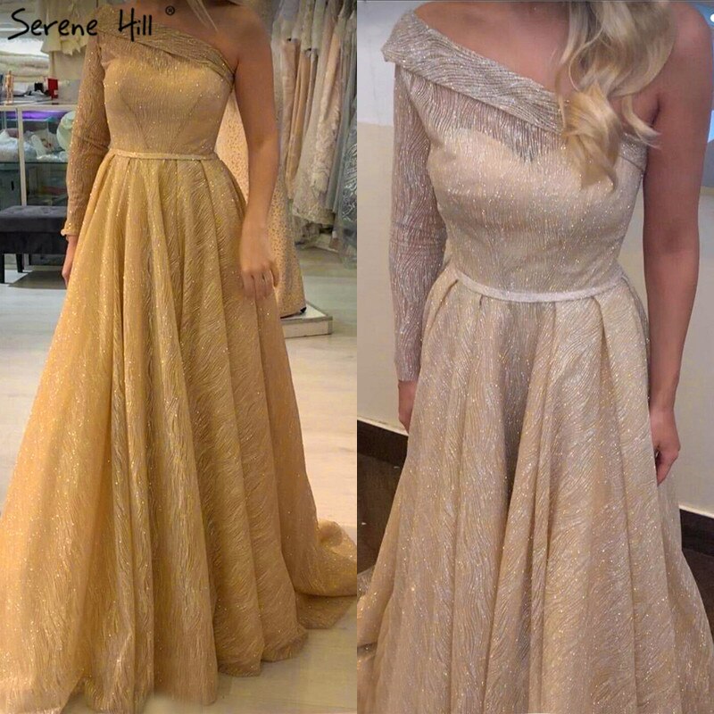 On Sale no return no refundSale Gold One Shoulder Sexy Dubai Evening Dresses 2025 Long Sleeves Luxury Sparkle A-Line Formal Dress LA70329