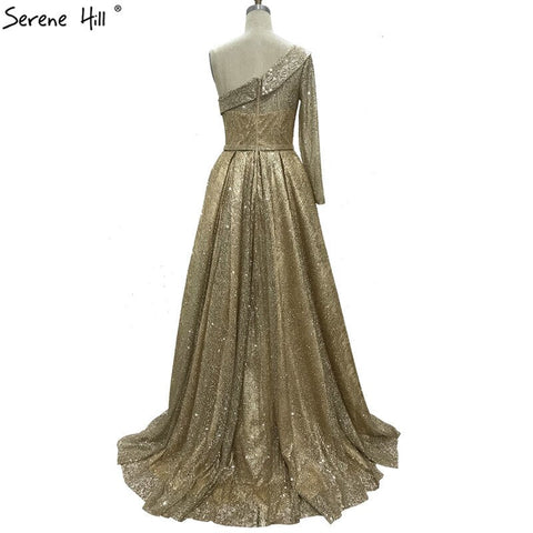 En oferta, sin devoluciones ni reembolsos. Vestidos de noche dorados, sexys, de un solo hombro, estilo Dubái, colección 2025. Vestido formal de lujo, corte en A, manga larga y brillo, modelo LA70329. 