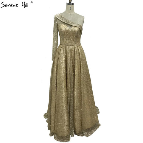 En oferta, sin devoluciones ni reembolsos. Vestidos de noche dorados, sexys, de un solo hombro, estilo Dubái, colección 2025. Vestido formal de lujo, corte en A, manga larga y brillo, modelo LA70329. 