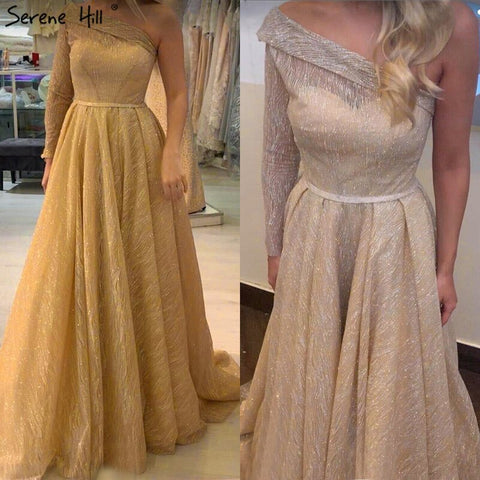 En oferta, sin devoluciones ni reembolsos. Vestidos de noche dorados, sexys, de un solo hombro, estilo Dubái, colección 2025. Vestido formal de lujo, corte en A, manga larga y brillo, modelo LA70329. 