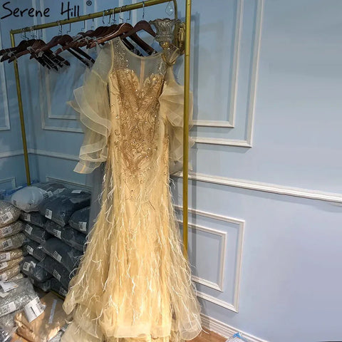 Robe de soirée sirène à manches longues et pétales dorés, luxueuse robe de soirée sexy à paillettes scintillantes et perles, LA70410, 2025 