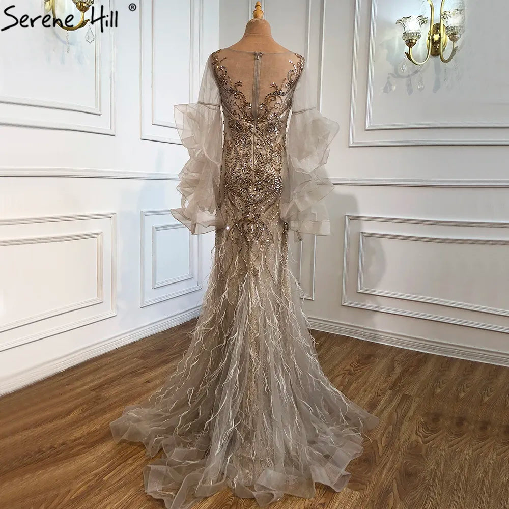 Gold Petal Long Sleeve Mermaid Evening Dresses 2025 Luxury Sparkl Sequins Beaded Sexy Formal Dress LA70410