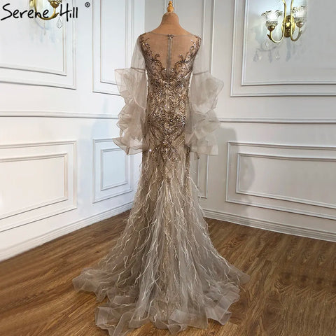 Robe de soirée sirène à manches longues et pétales dorés, luxueuse robe de soirée sexy à paillettes scintillantes et perles, LA70410, 2025 