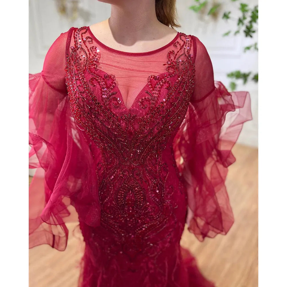 Gold Petal Long Sleeve Mermaid Evening Dresses 2025 Luxury Sparkl Sequins Beaded Sexy Formal Dress LA70410
