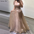 Gold Short Sleeves Beading Luxury Evening Dresses Gowns 2025 A-Line Lace Up For Women Party Design LA70464