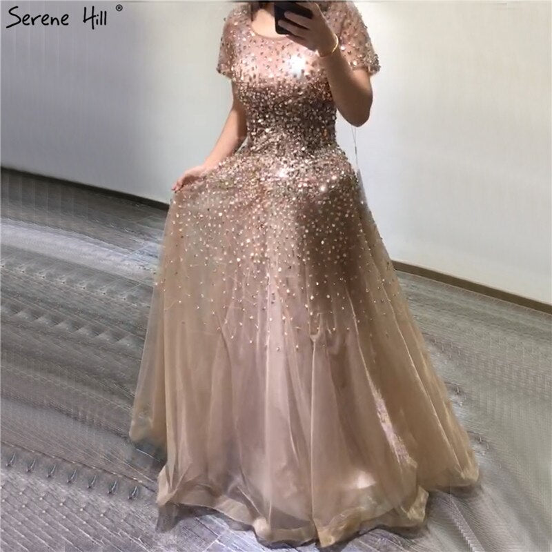 Gold Short Sleeves Beading Luxury Evening Dresses Gowns 2025 A-Line Lace Up For Women Party Design LA70464