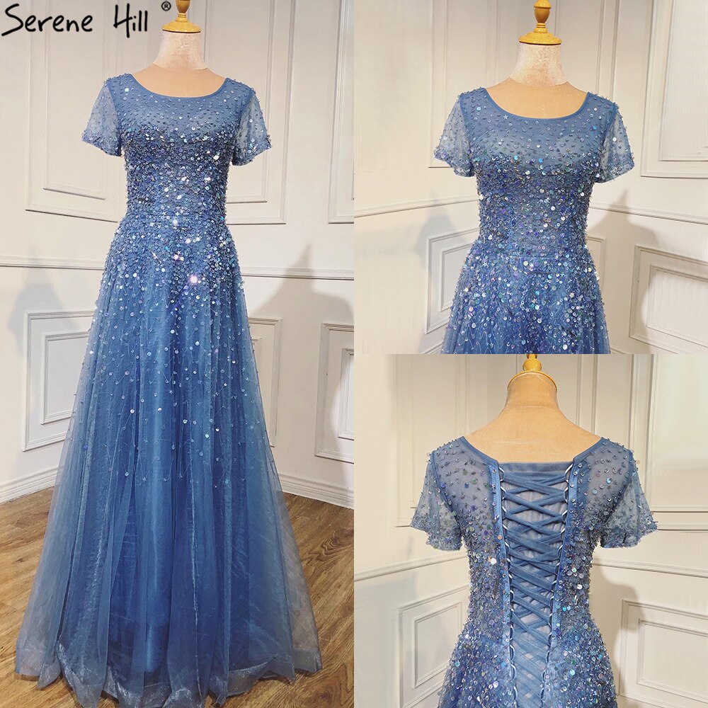 Gold Short Sleeves Beading Luxury Evening Dresses Gowns 2025 A-Line Lace Up For Women Party Design LA70464