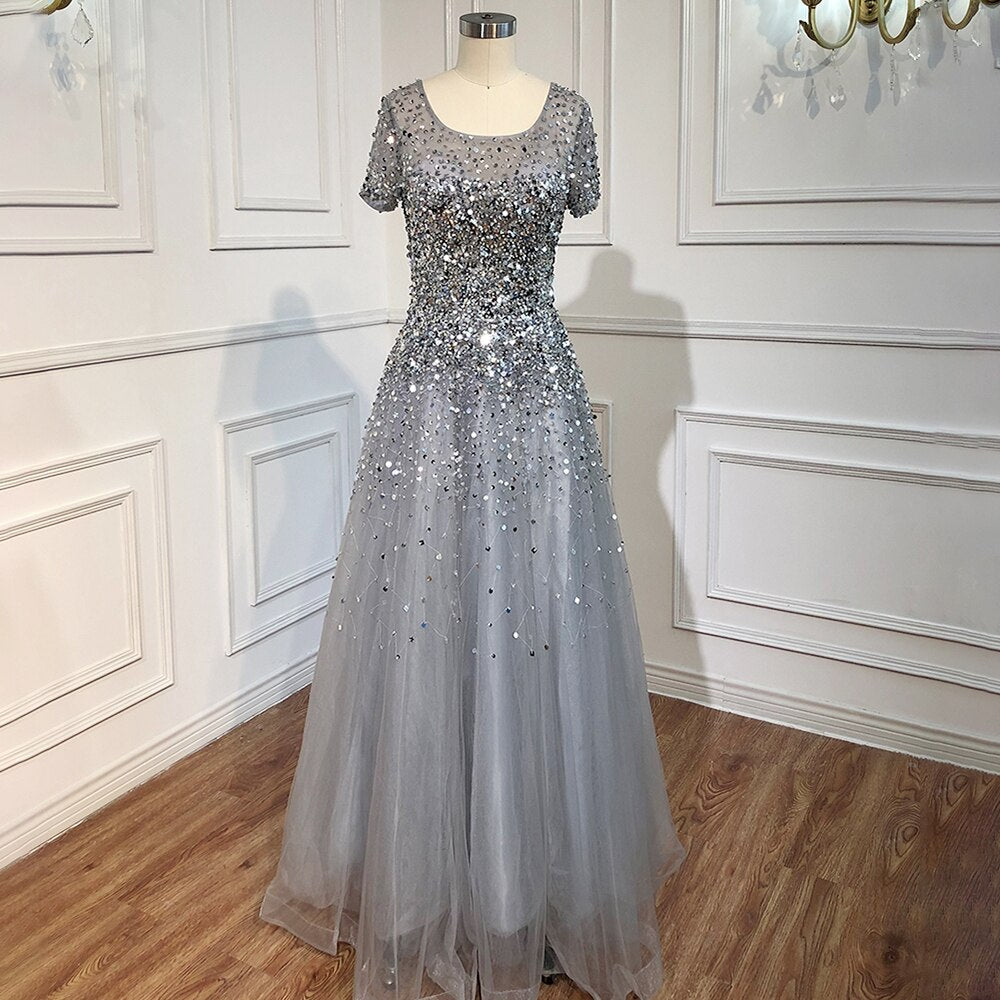 Gold Short Sleeves Beading Luxury Evening Dresses Gowns 2025 A-Line Lace Up For Women Party Design LA70464