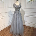 Gold Short Sleeves Beading Luxury Evening Dresses Gowns 2025 A-Line Lace Up For Women Party Design LA70464