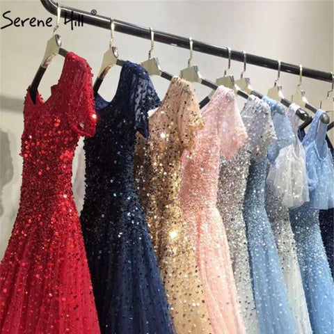 Robe de soirée luxueuse à manches courtes et perles dorées, coupe trapèze, à lacets, pour femme, modèle LA70464, 2025 