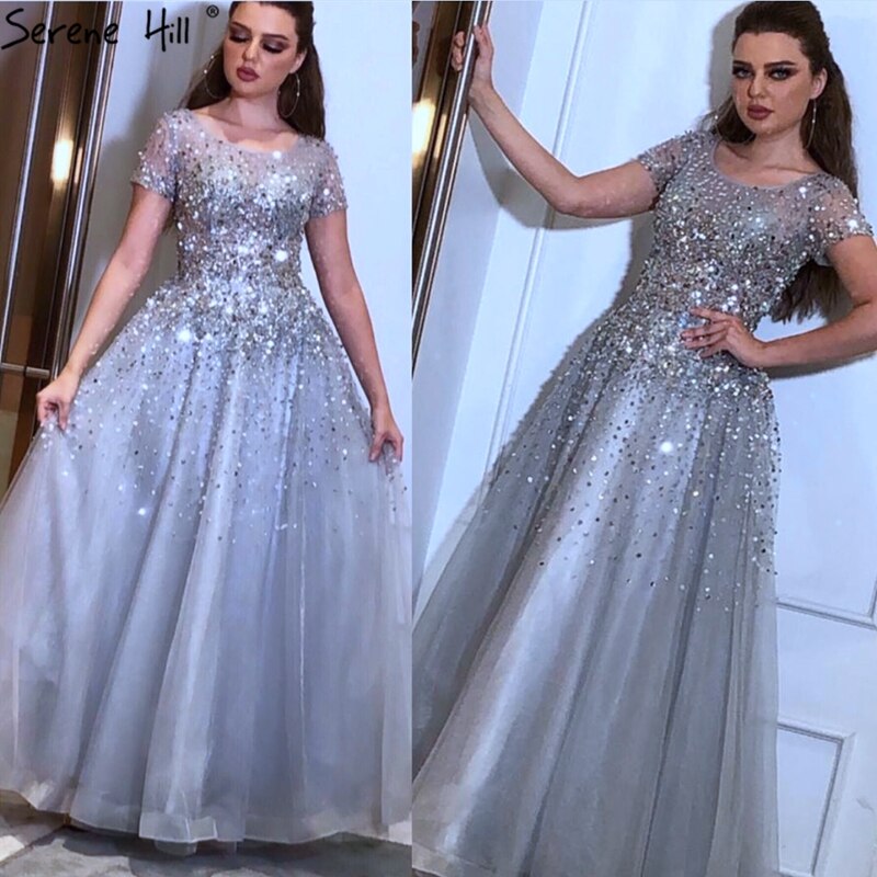 Gold Short Sleeves Beading Luxury Evening Dresses Gowns 2025 A-Line Lace Up For Women Party Design LA70464